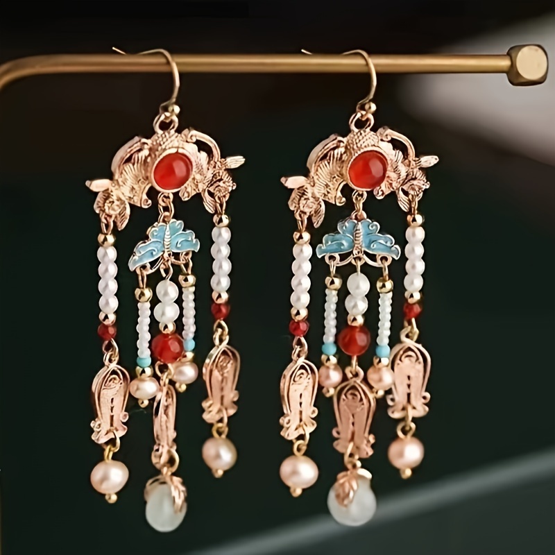 Hanfu Inspired Tassel Drop Earrings with Beads & Pearls